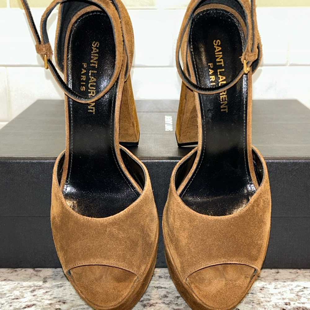 Saint Laurent Tan Suede Platform Heels - Picture 2 of 10